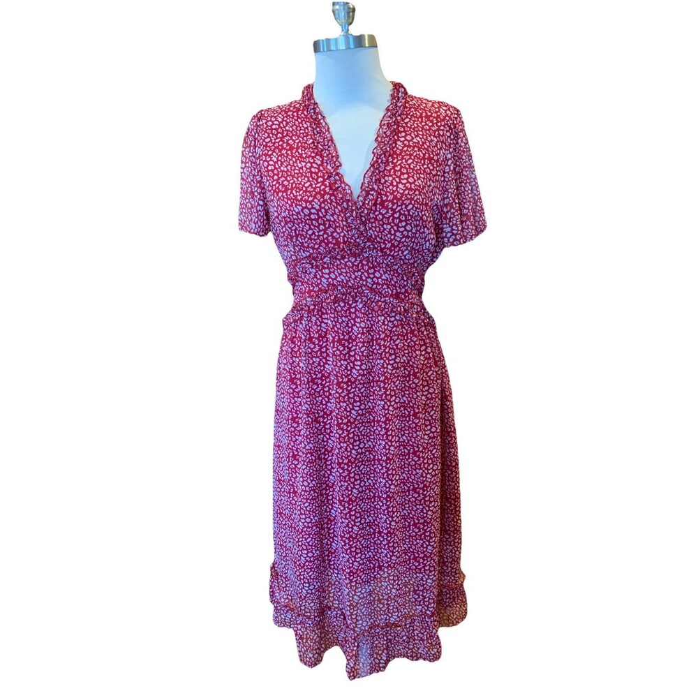 Cottagecore Milkmaid Flouncy Ruffle Midi Dress Medium Fairycore Red Leopard